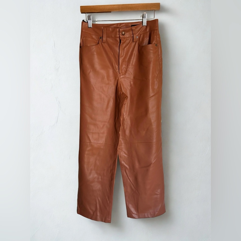 High Waisted Straight Leg Cognac Brown Vegan Pants